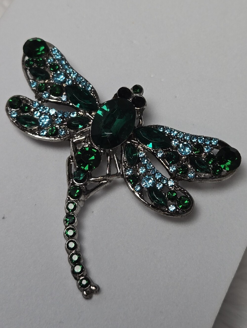 Emerald Green Dragonfly Brooch Silver Rhinestone Crystal Insect Statement Pin - Picture 4 of 6